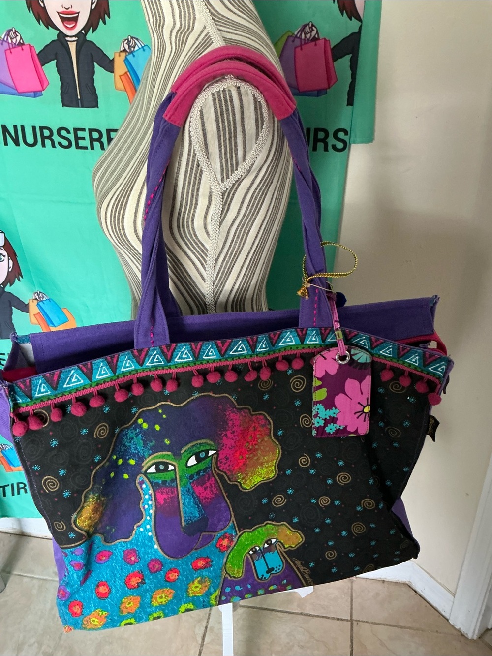 Laurel Burch Colorful Artistic Tote Bag with Pom Trim - Purple & Multicolor